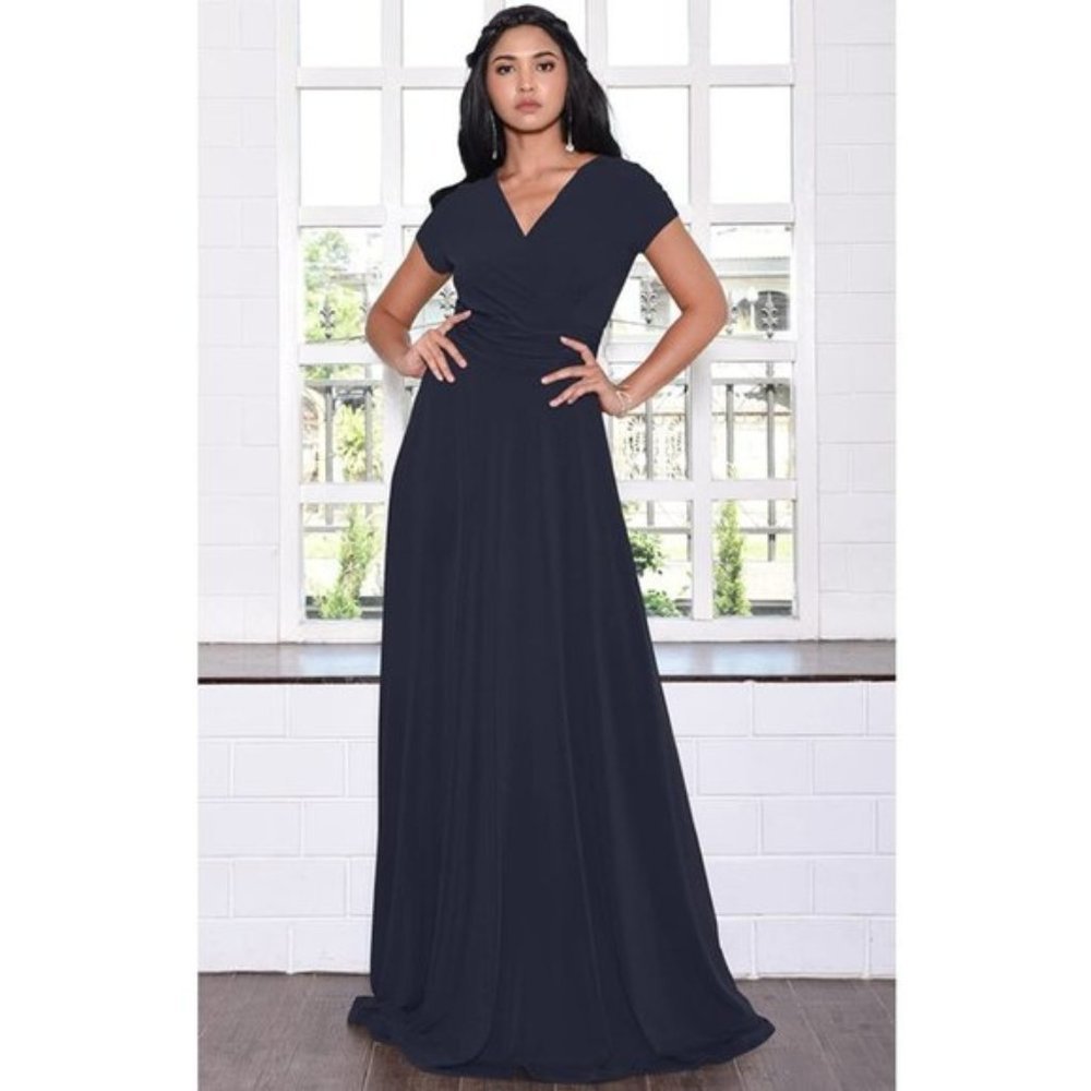 SEXY Cap Short Sleeve V-Neck Flowy Cocktail Gown, Navy Blue